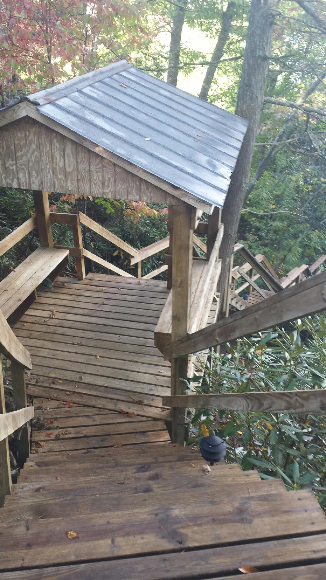 Metal roofed shelter over wooden steps on a wooded walkway — Skylight Repair & Installation work by our crew in Bristow